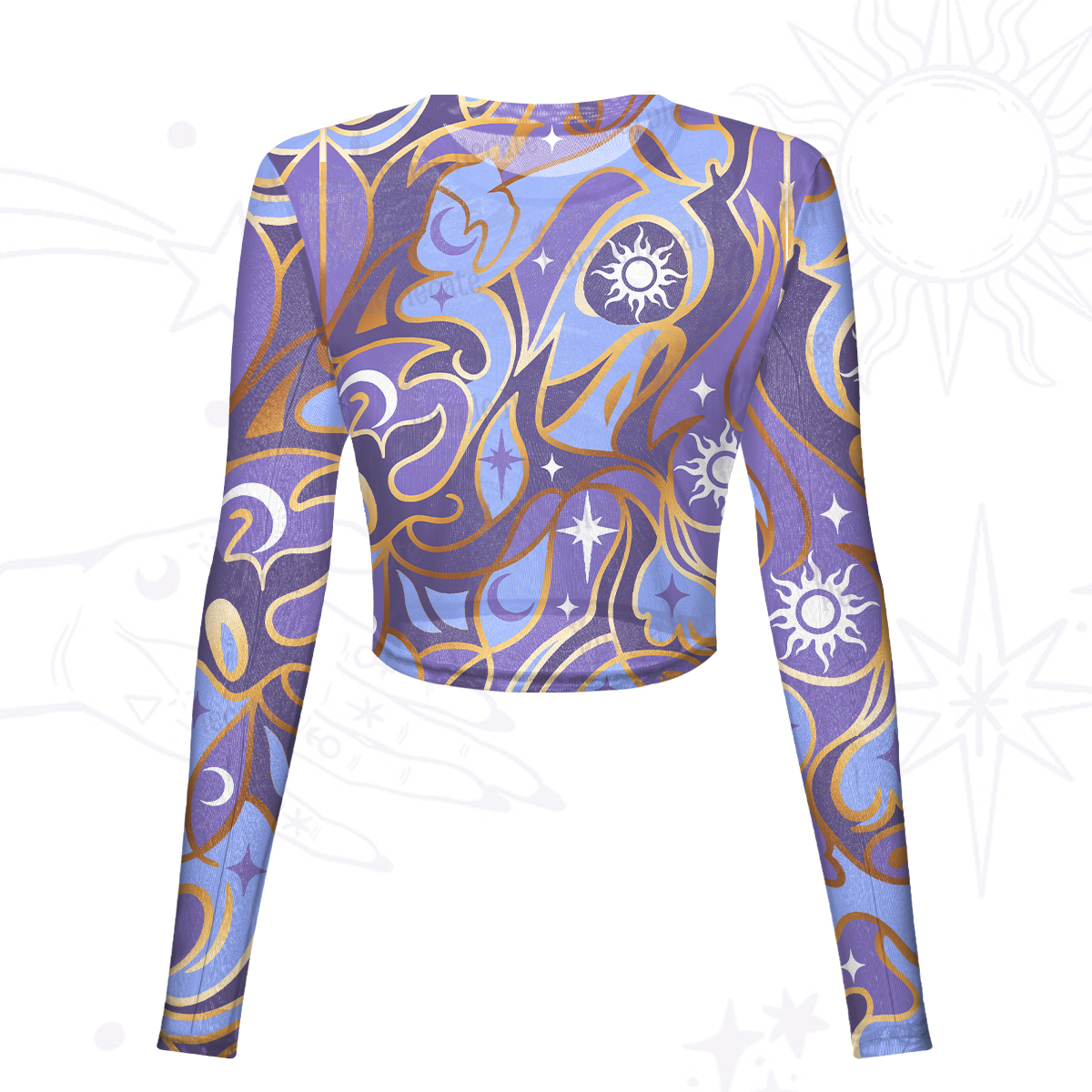 Purplehecate Divination Night Print Mesh Long Sleeve Crop Top