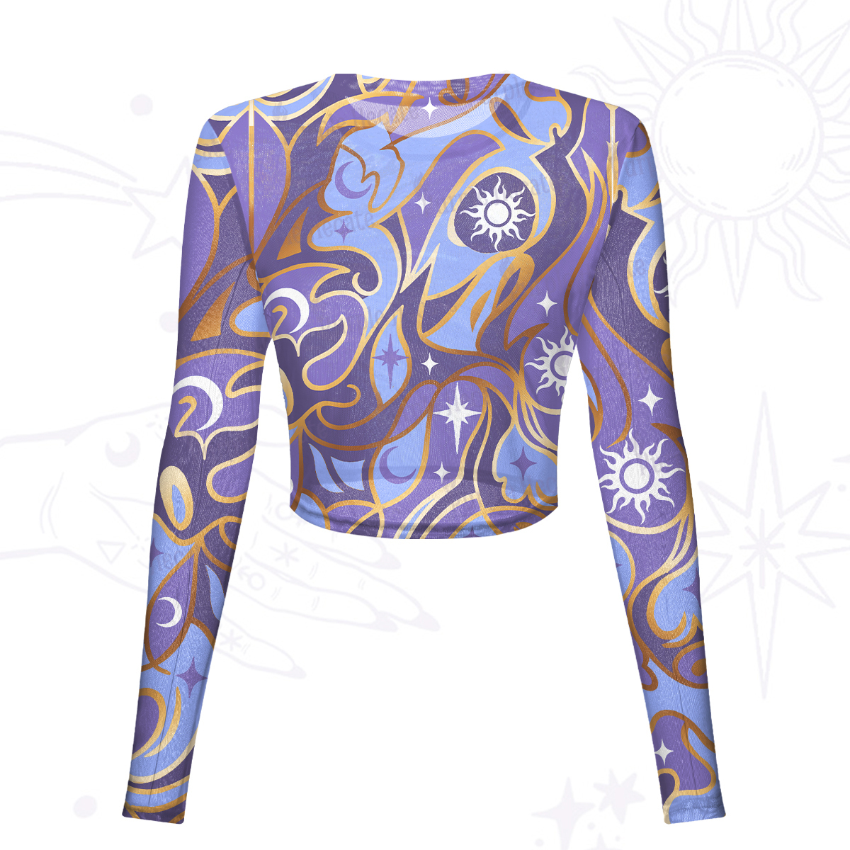 Purplehecate Divination Night Print Mesh Long Sleeve Crop Top