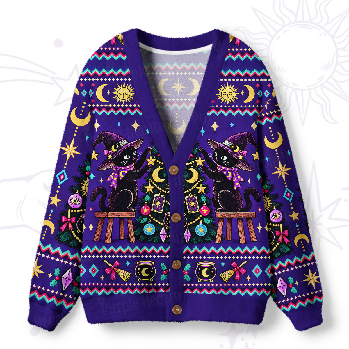 Purplehecate Black Cat Decorating the Christmas Tree Ugly Cardigan Sweaters