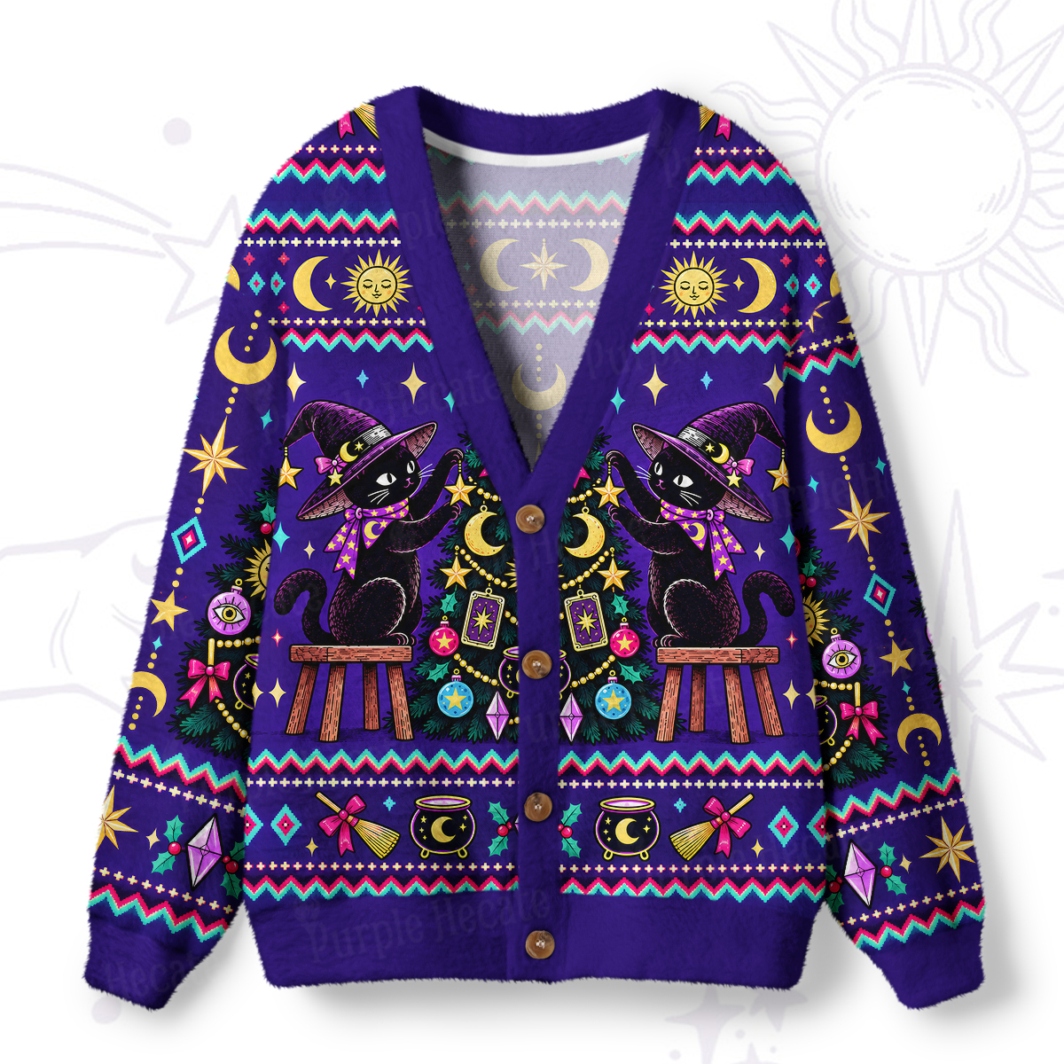 Purplehecate Black Cat Decorating the Christmas Tree Ugly Cardigan Sweaters