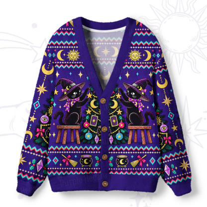Purplehecate Black Cat Decorating the Christmas Tree Ugly Cardigan Sweaters