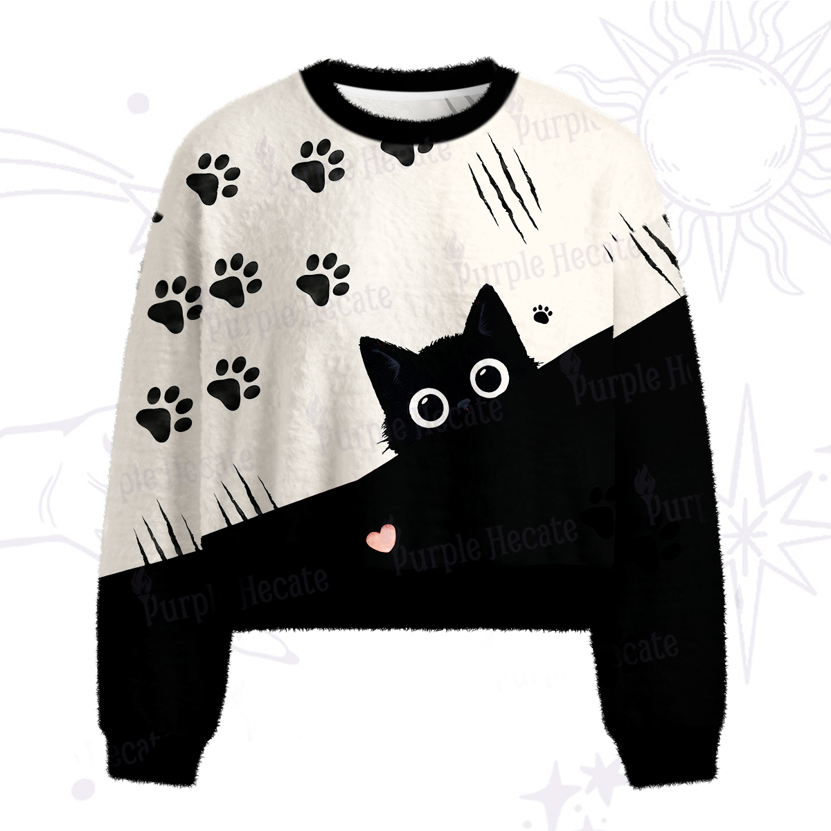 Purplehecate Peekaboo Black Cat Paw Fuzzy Crewneck Sweater