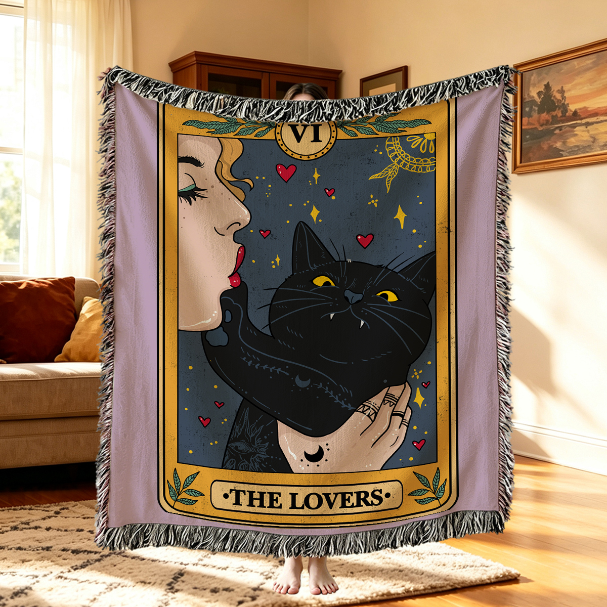 Purplehecate The Lovers Cat Tarot Woven Tapestry Blanket