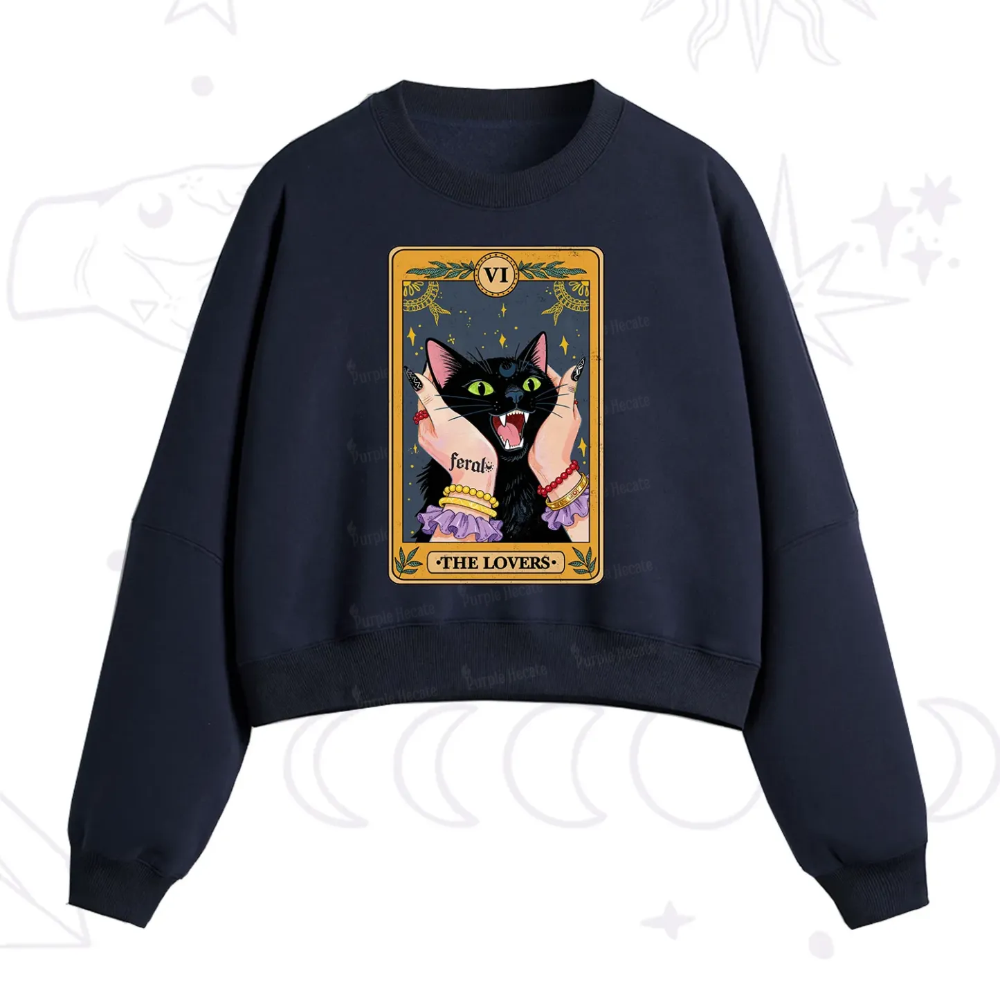 Purplehecate The Lovers Tarot Feral Cat Fleece Cropped Sweatshirt