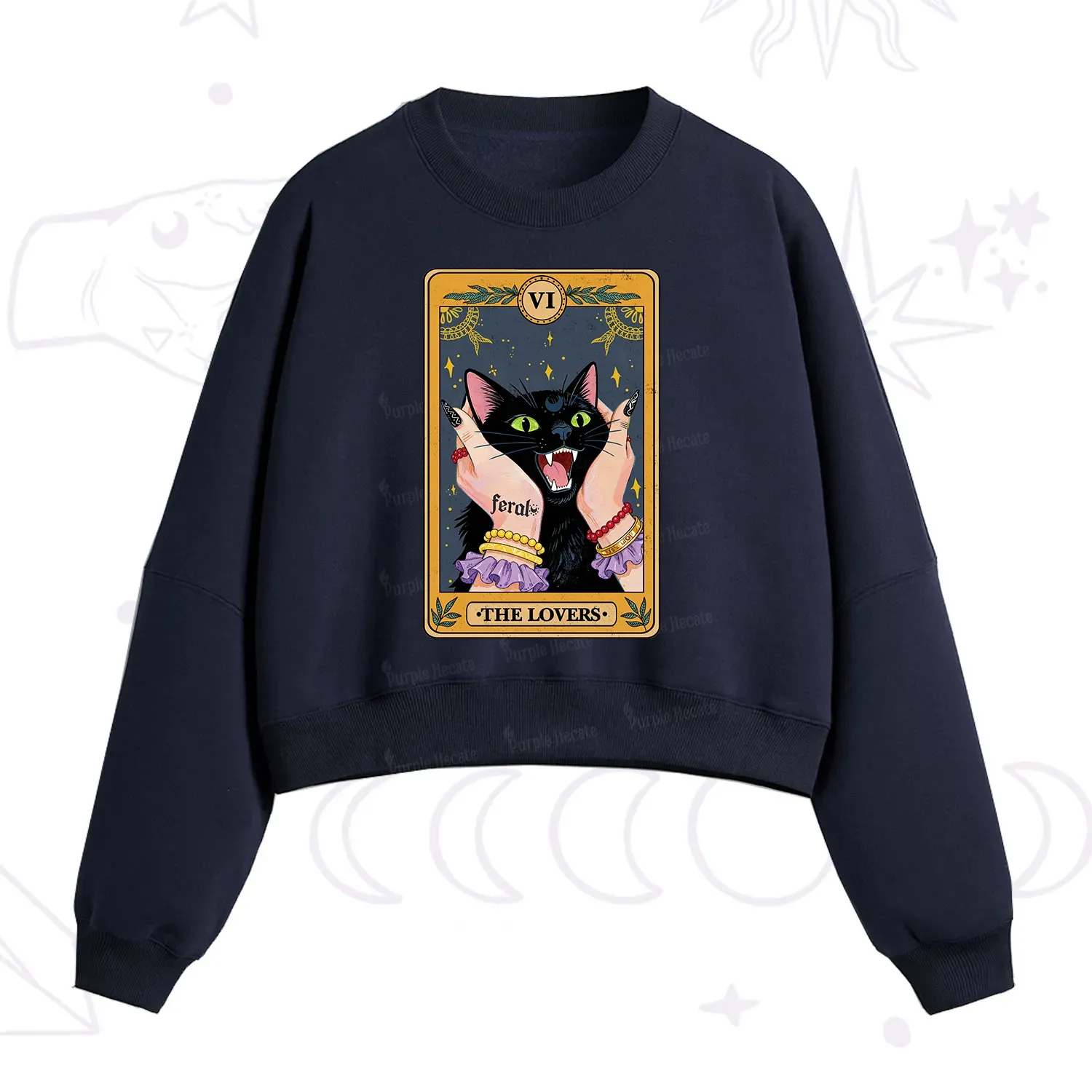 Purplehecate The Lovers Tarot Feral Cat Fleece Cropped Sweatshirt
