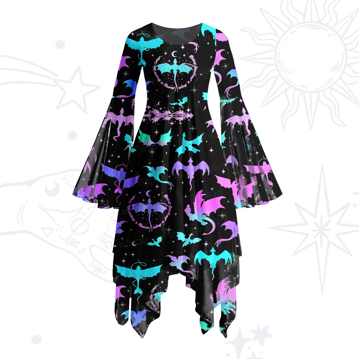 Purplehecate Neon Fantasy Dragon Allover Bell Sleeve Dress