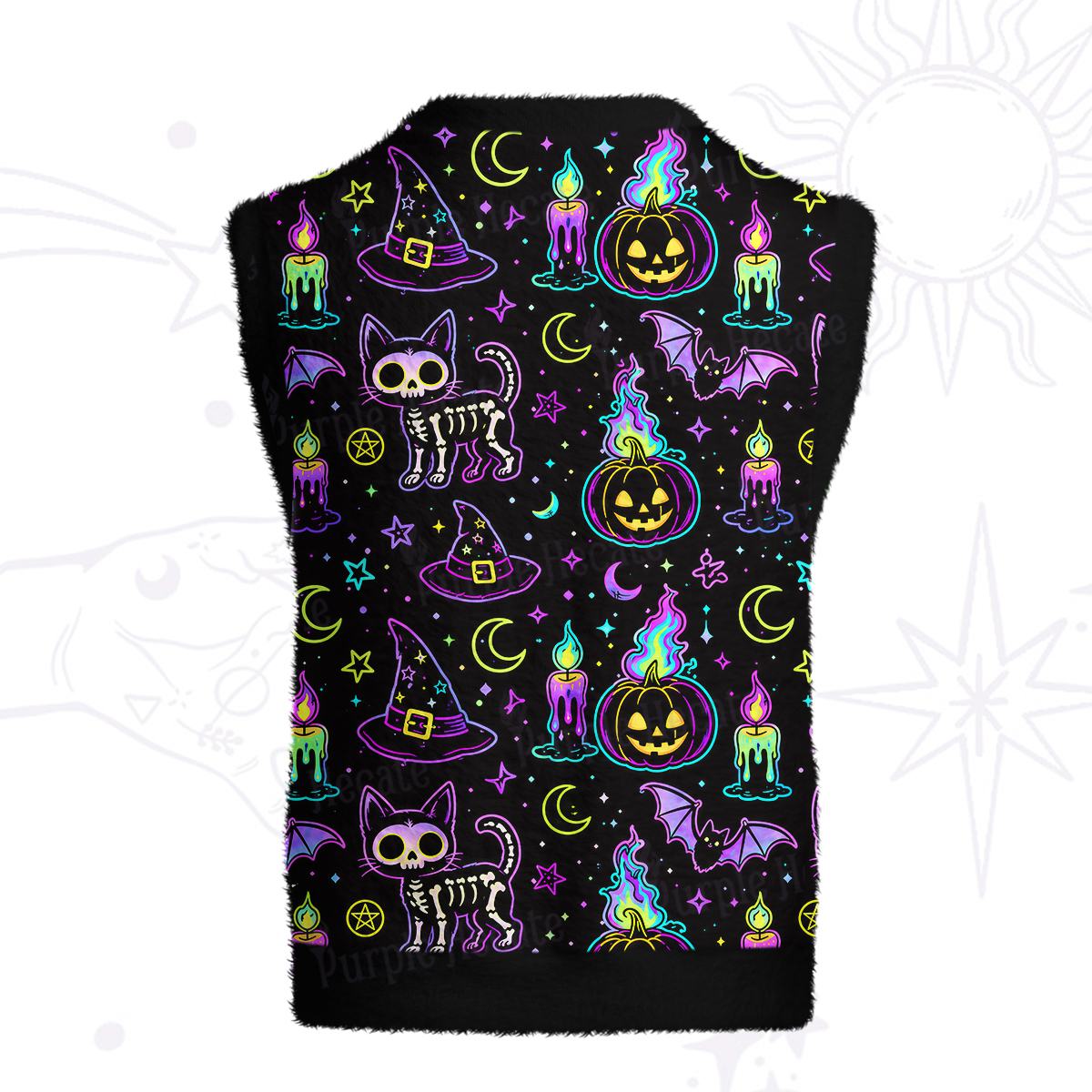 Purplehecate Neon Halloween Skeleton Cat Ugly Sweater Vest