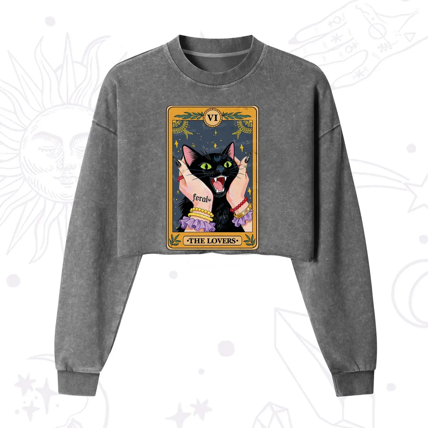 Purplehecate The Lovers Tarot Feral Cat Cropped Washed Sweatshirt