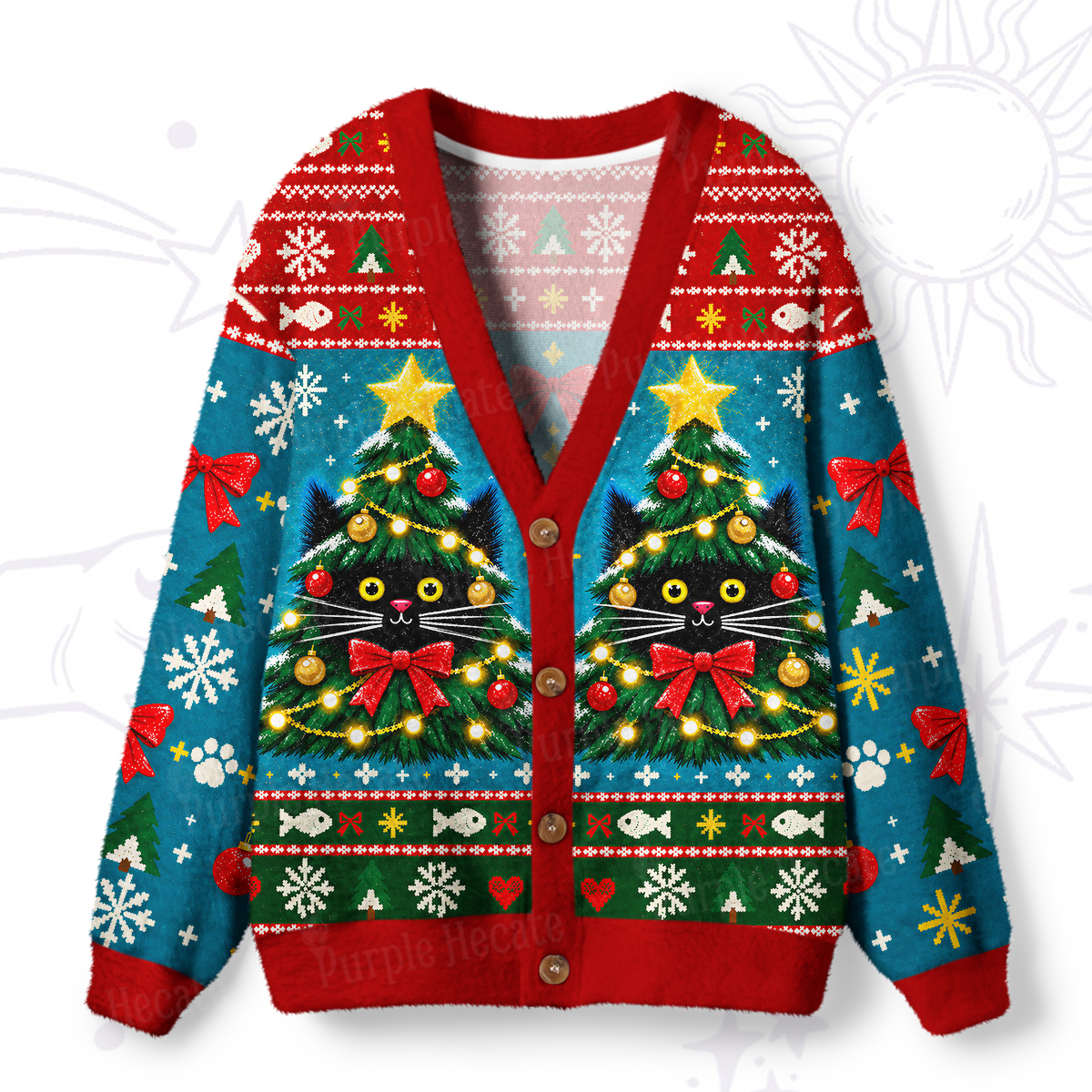 Purplehecate Meowy Catmas Christmas Tree Ugly Cardigan Sweaters