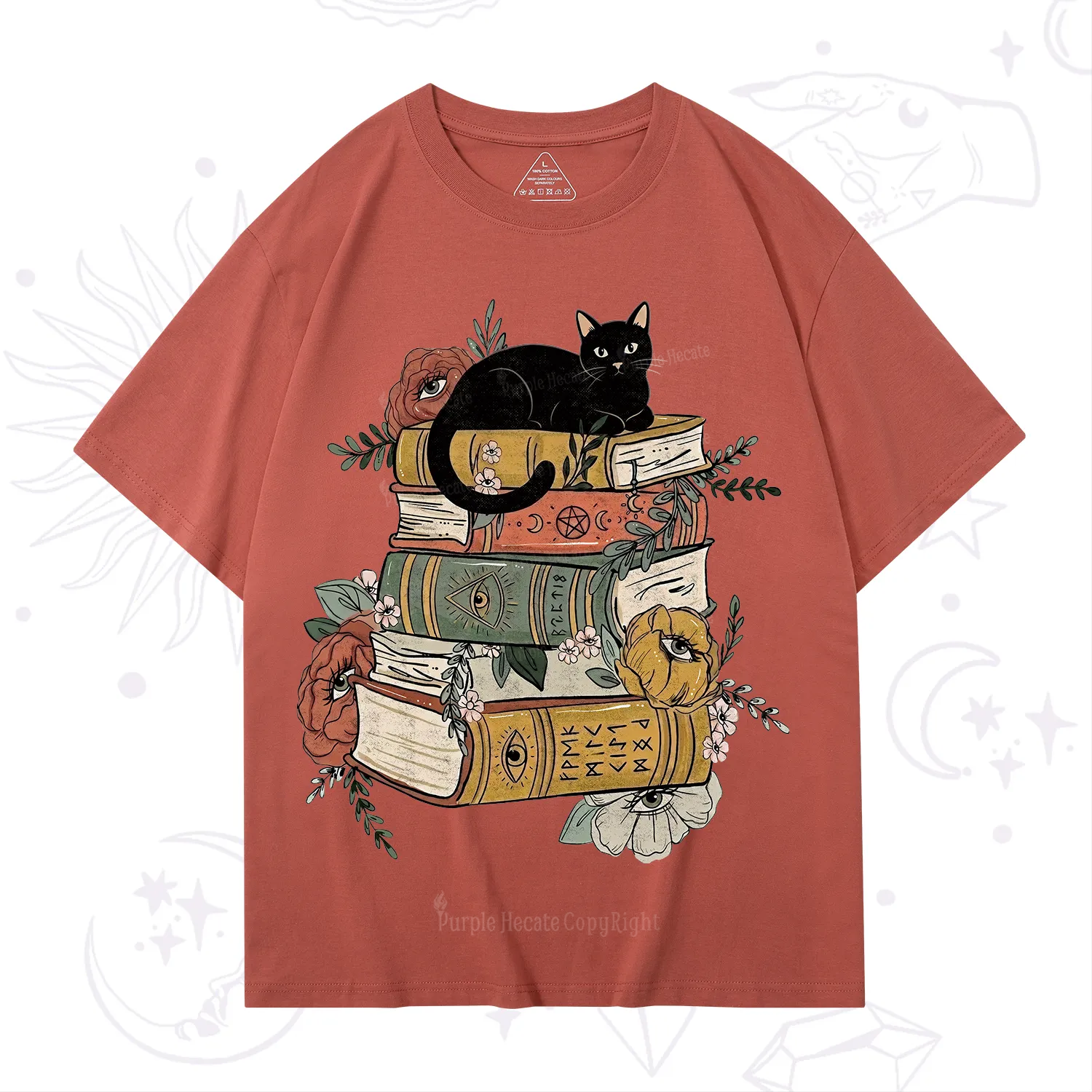 Purplehecate Black Cat on Books T-Shirt