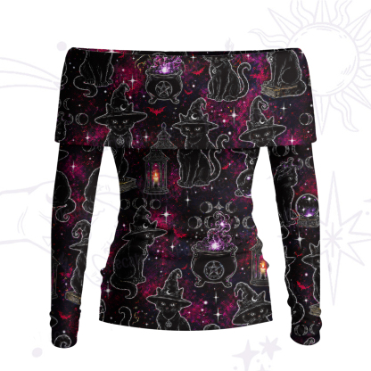 Purplehecate Brewing Black Cat Off Shoulder Long Sleeve Knit Top