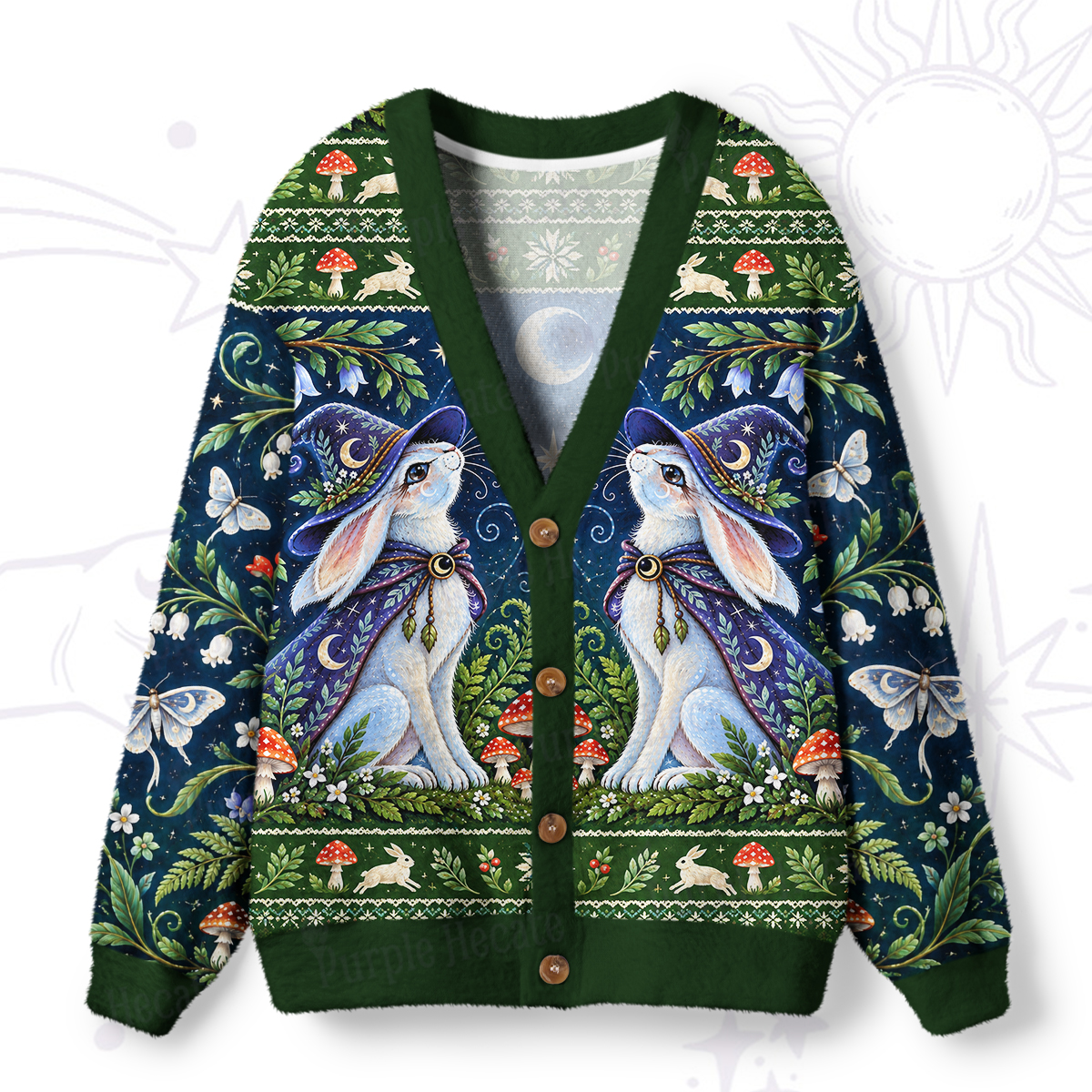 Purplehecate Enchanted Forest Wizard Bunny Ugly Cardigan Sweaters