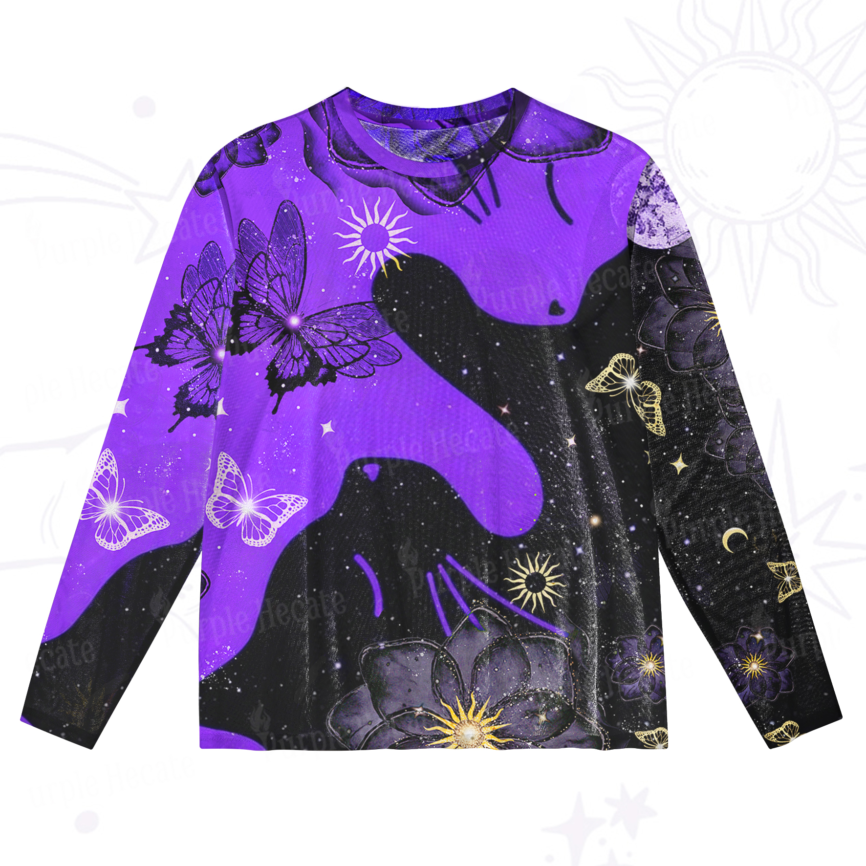 Purplehecate Starlit Cats & Butterflies Mesh Long Sleeve Top