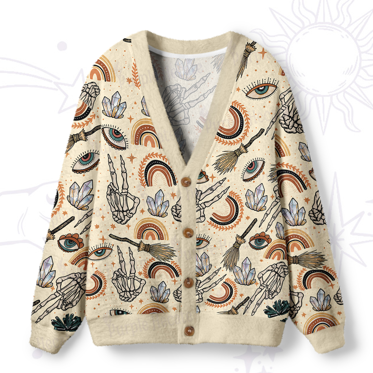 Purplehecate Mystic Rainbow & Crystal Print Ugly Cardigan Sweaters