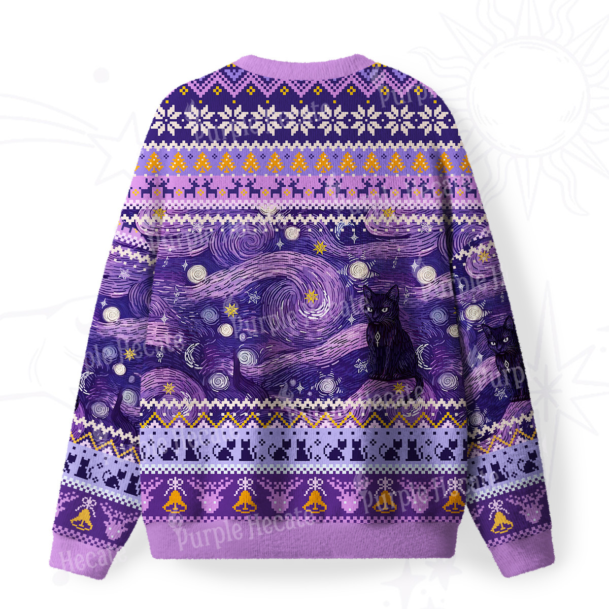 Purplehecate Mystic Cat Beneath the Cosmic Veil Fuzzy Ugly Christmas Sweatshirt