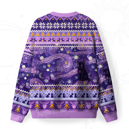 Purplehecate Mystic Cat Beneath the Cosmic Veil Fuzzy Ugly Christmas Sweatshirt