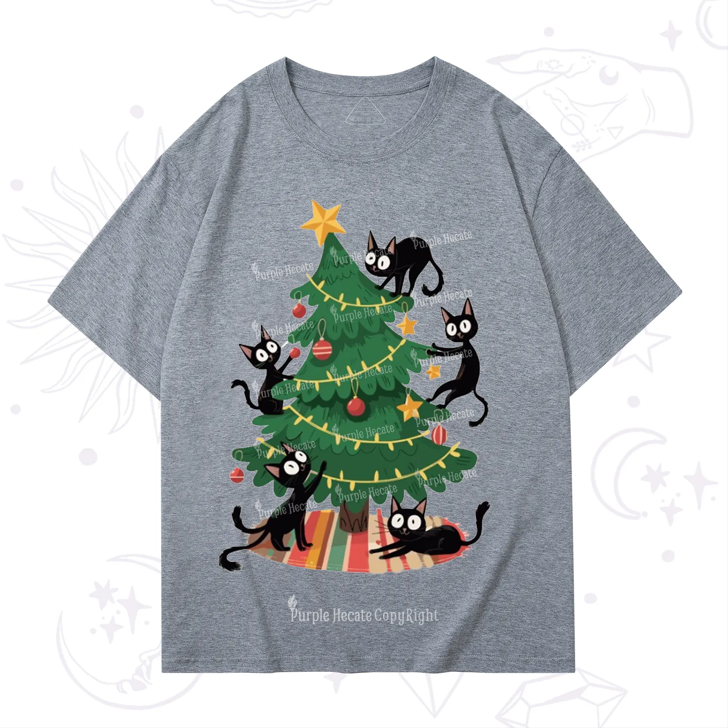 Purplehecate Black Cat in Tree Christmas T-Shirt