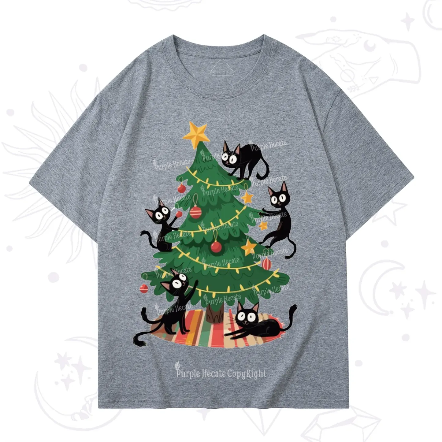 Purplehecate Black Cat in Tree Christmas T-Shirt