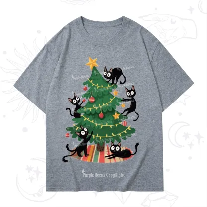 Purplehecate Black Cat in Tree Christmas T-Shirt
