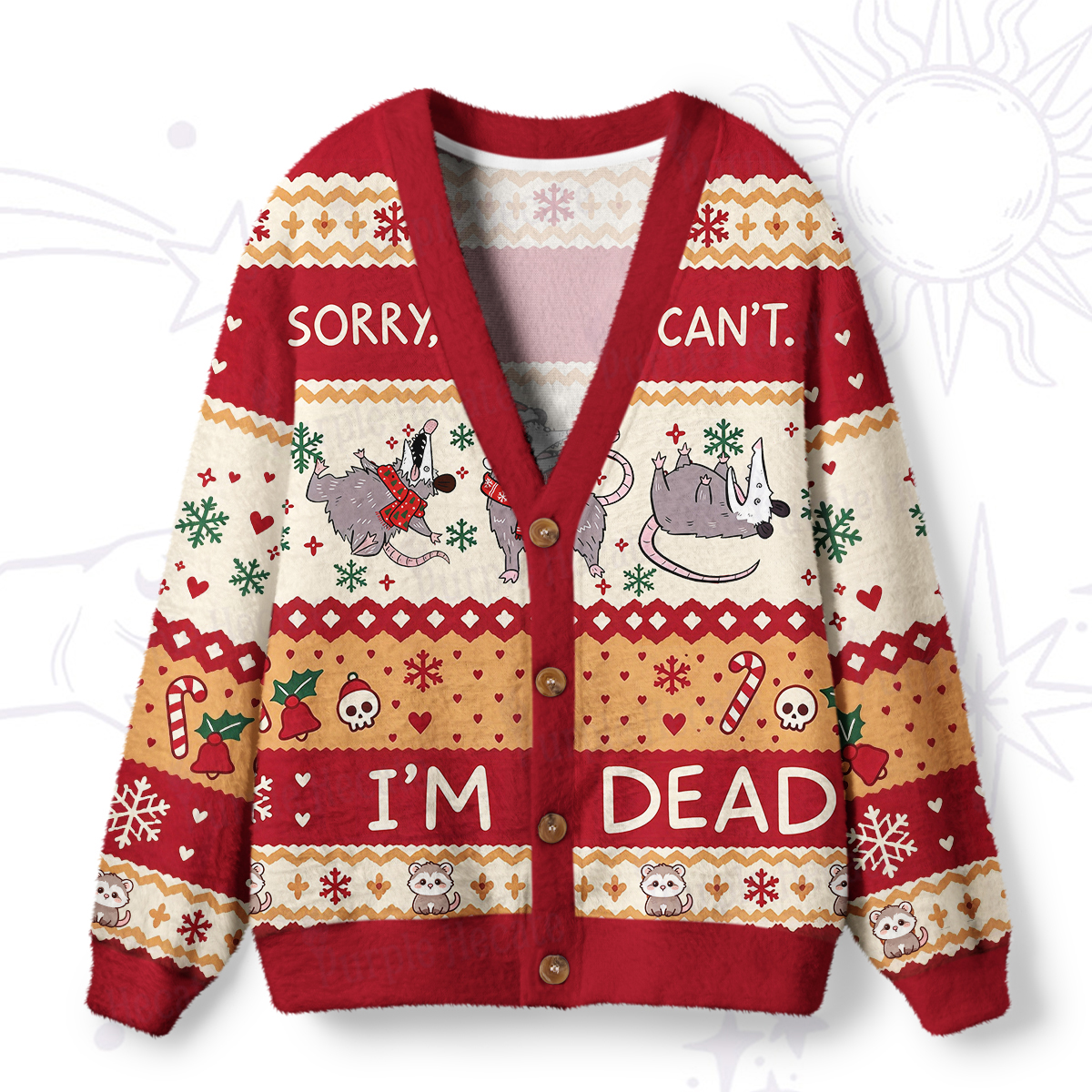 Purplehecate Funny Possum Sorry I Can't I'm Dead Christmas Ugly Cardigan Sweaters