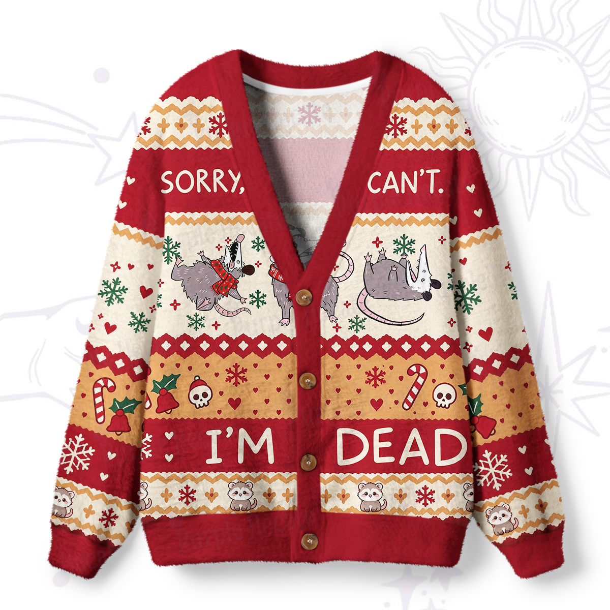 Purplehecate Funny Possum Sorry I Can't I'm Dead Christmas Ugly Cardigan Sweaters