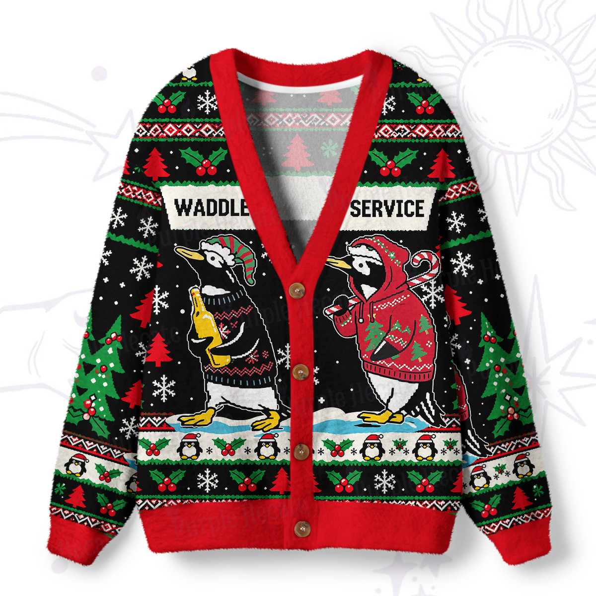 Purplehecate Tipsy Penguin Waddle Service Christmas Ugly Cardigan Sweaters