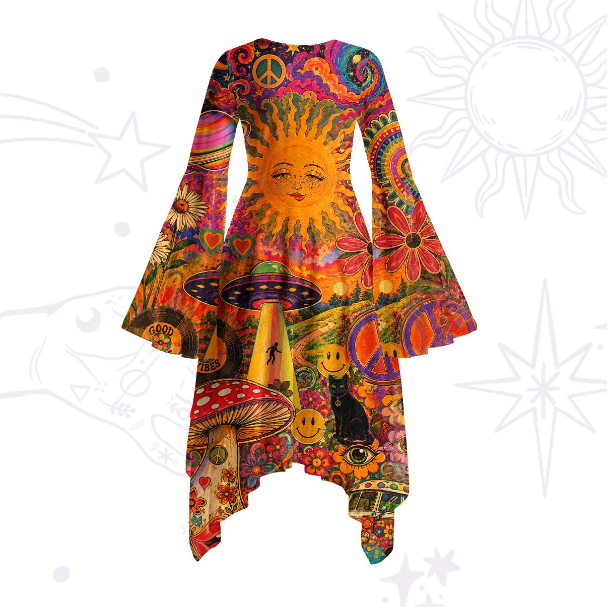 Purplehecate Psychedelic Sun Alien Trip Bell Sleeve Dress