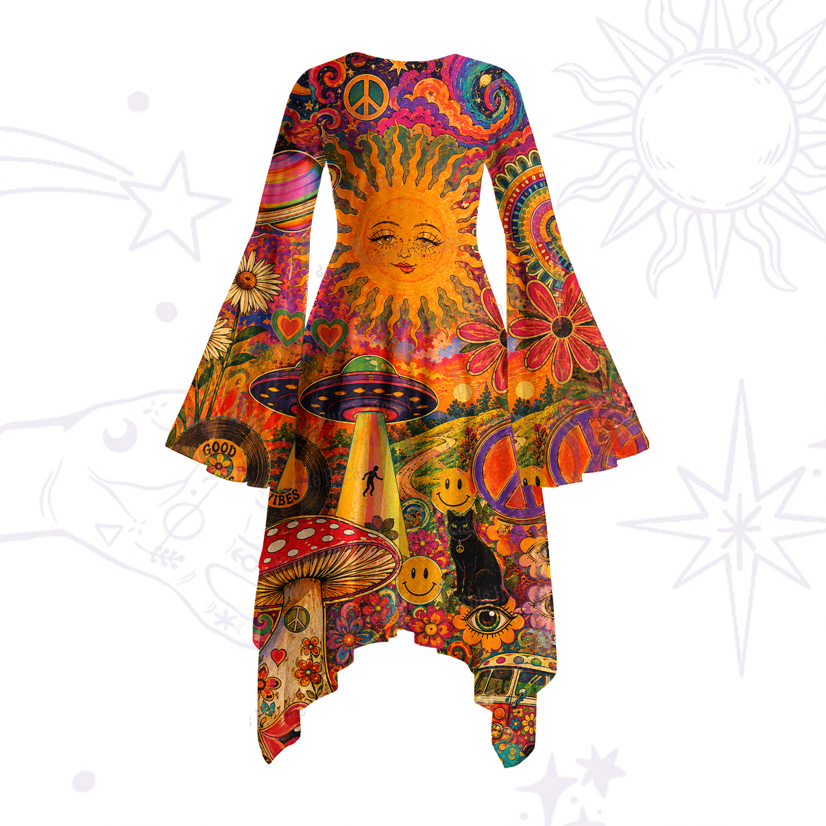 Purplehecate Psychedelic Sun Alien Trip Bell Sleeve Dress