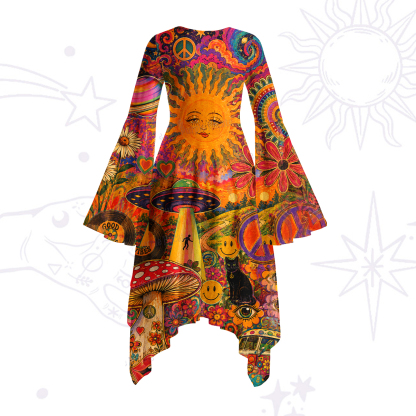 Purplehecate Psychedelic Sun Alien Trip Bell Sleeve Dress