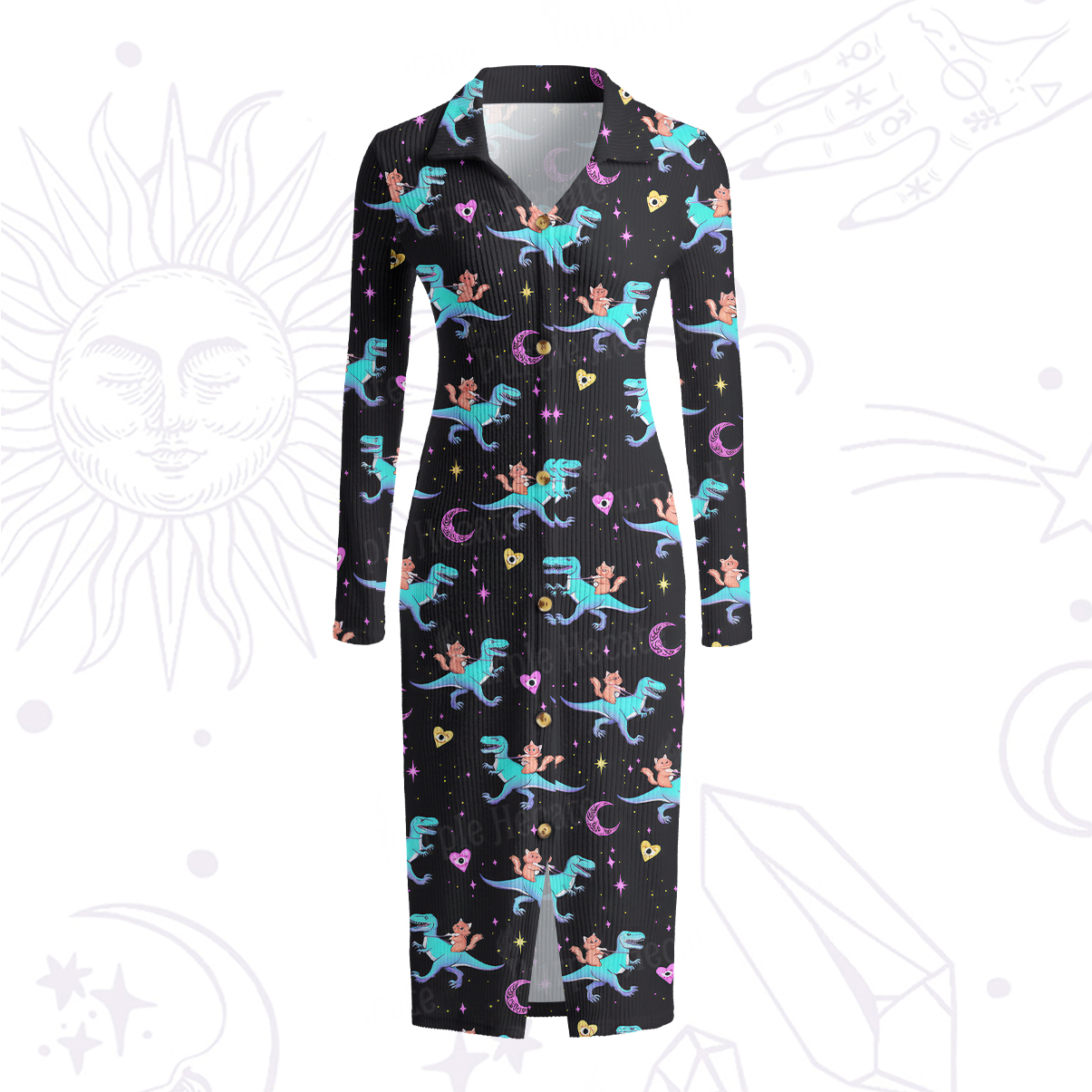 Purplehecate Witch Cat Rides the Dino Ribbed Knit Dress