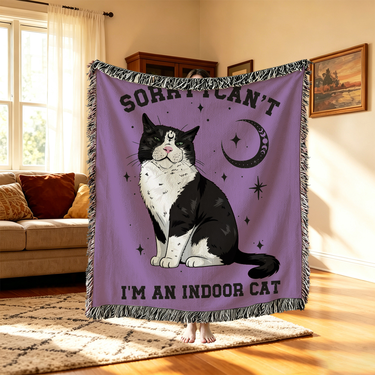 Purplehecate Sorry I Can't Go I'm an Indoor Cat Woven Tapestry Blanket