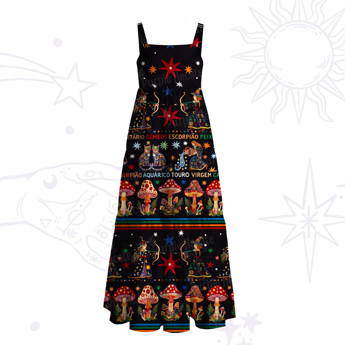 Purplehecate Mystic Zodiac Shroom Forest Wide Straps Maxi Dress