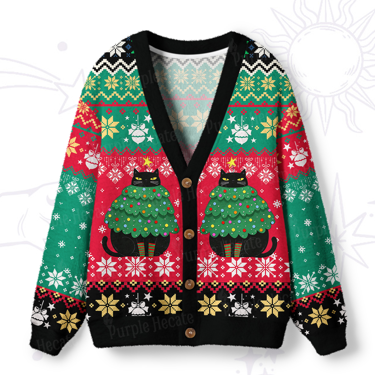 Purplehecate Chonky Black Cat Christmas Tree Ugly Cardigan Sweaters