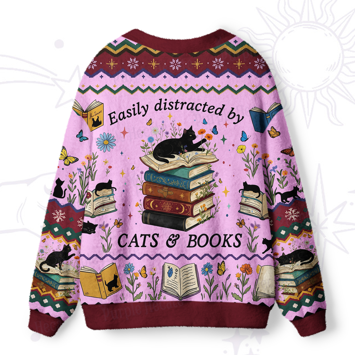 Purplehecate Easily Distracted By Cats And Books Ugly Cardigan Sweaters