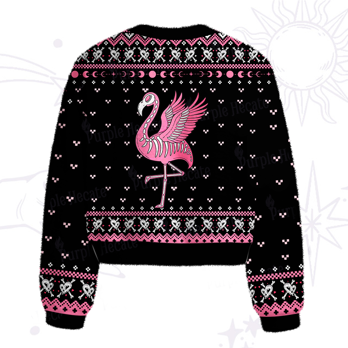 Purplehecate Witchy Pink Flamingo Skull Fuzzy Crewneck Sweater