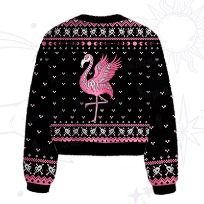 Purplehecate Witchy Pink Flamingo Skull Fuzzy Crewneck Sweater