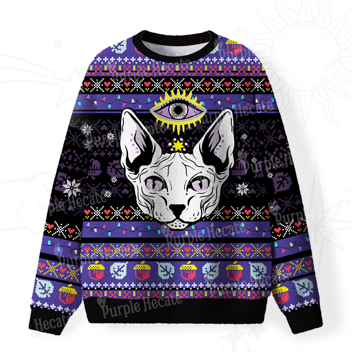 Purplehecate Mystical Cat Fuzzy Ugly Christmas Sweatshirt