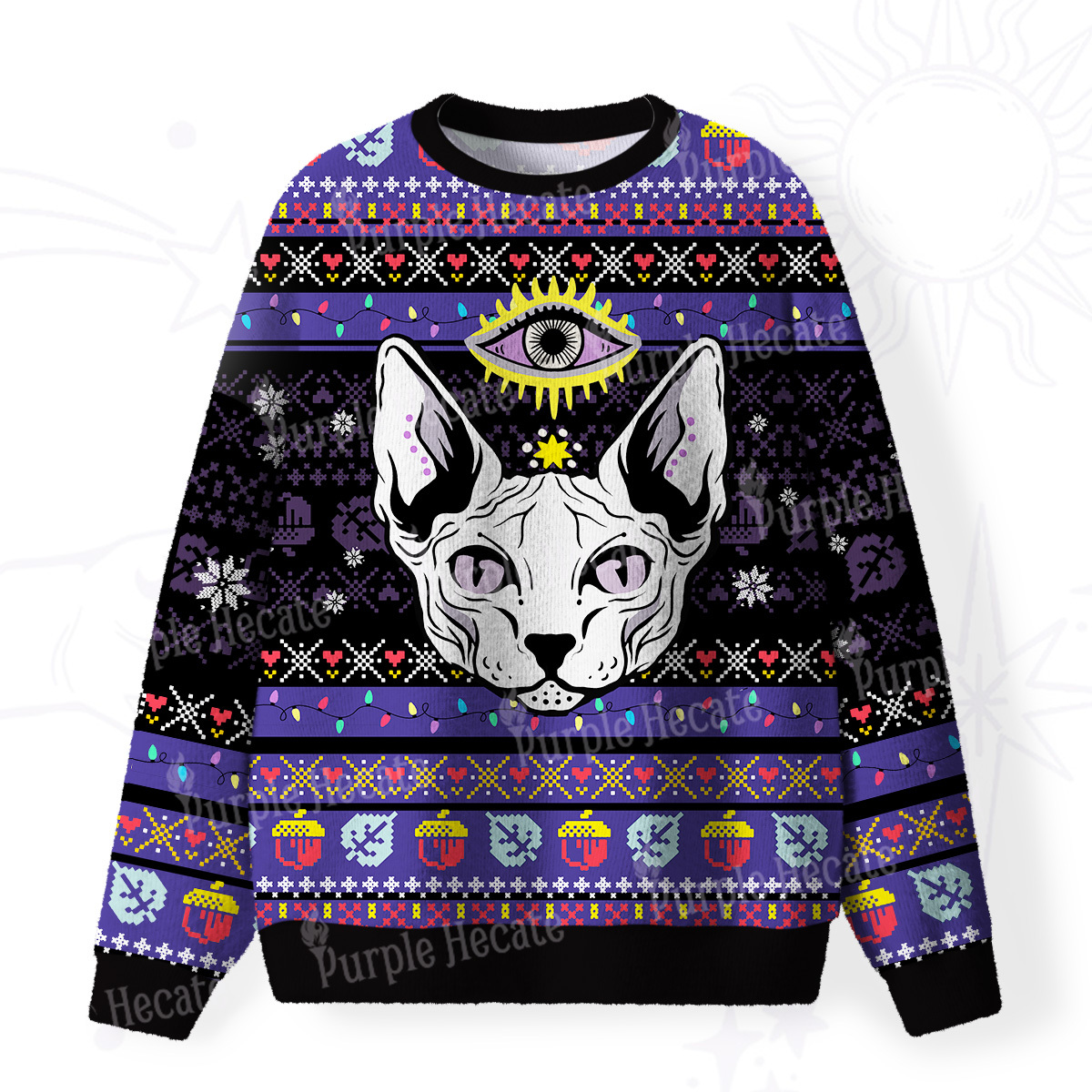 Purplehecate Mystical Cat Fuzzy Ugly Christmas Sweatshirt