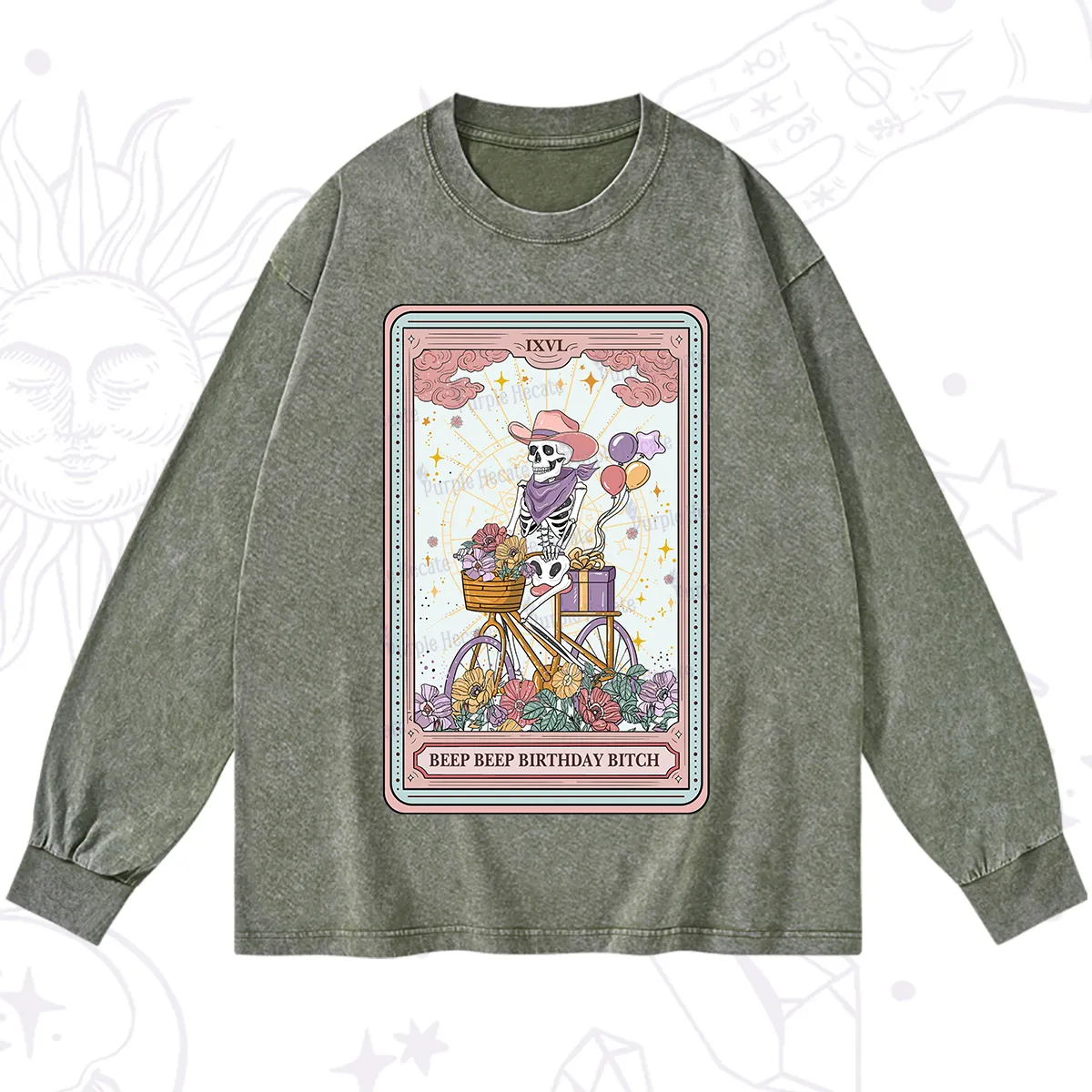 Purplehecate The Beep Beep Birthday Bitch Tarot Washed Long Sleeve Shirt