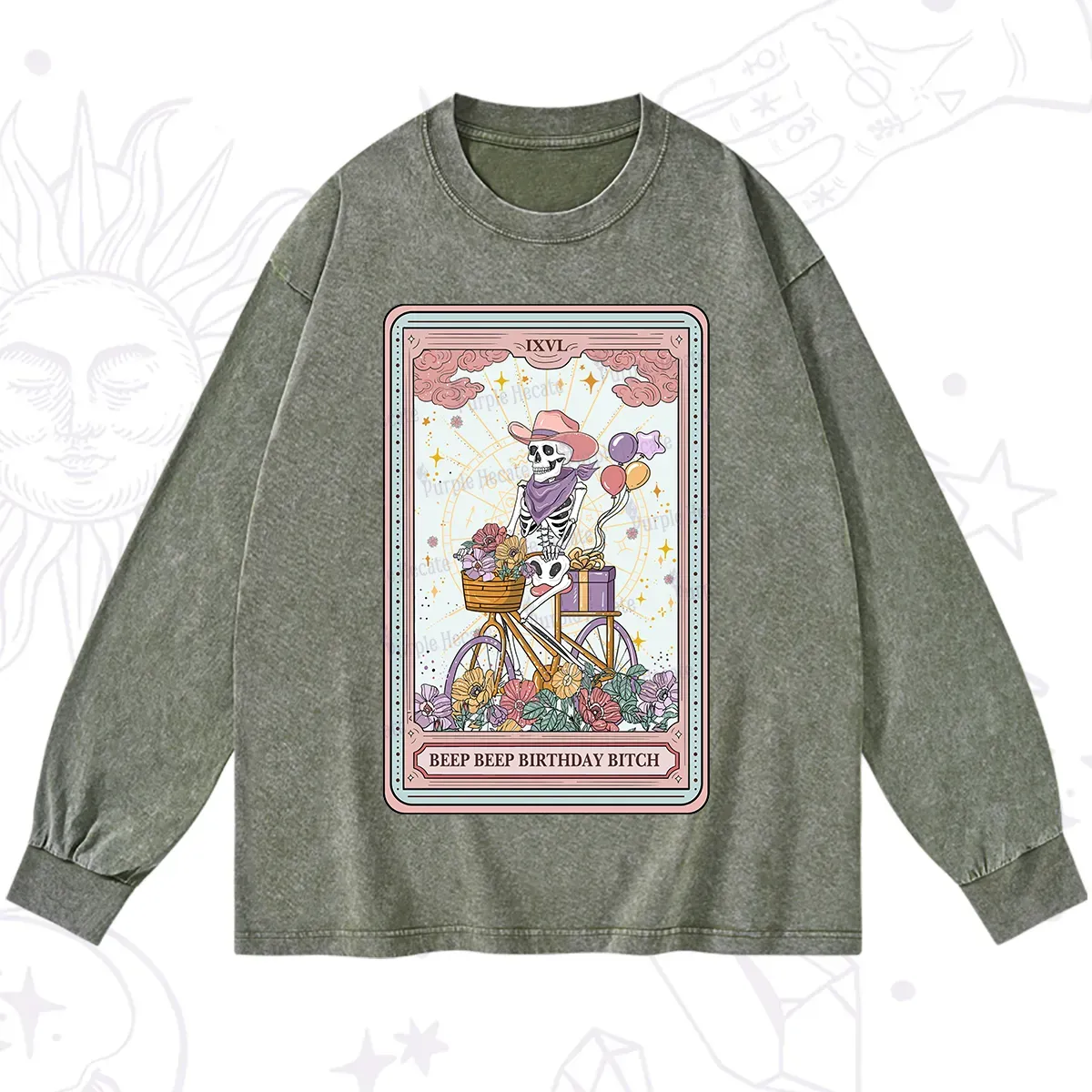 Purplehecate The Beep Beep Birthday Bitch Tarot Washed Long Sleeve Shirt