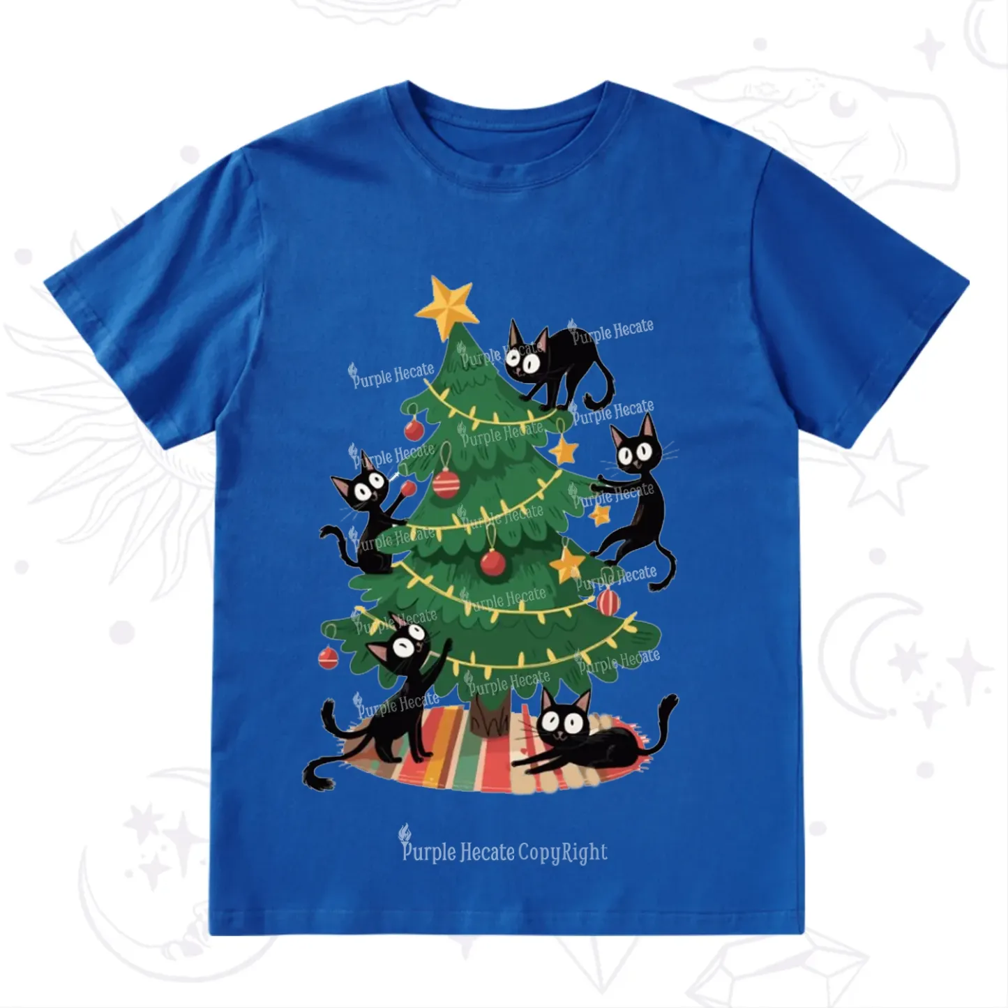 Purplehecate Black Cat in Tree Christmas T-Shirt