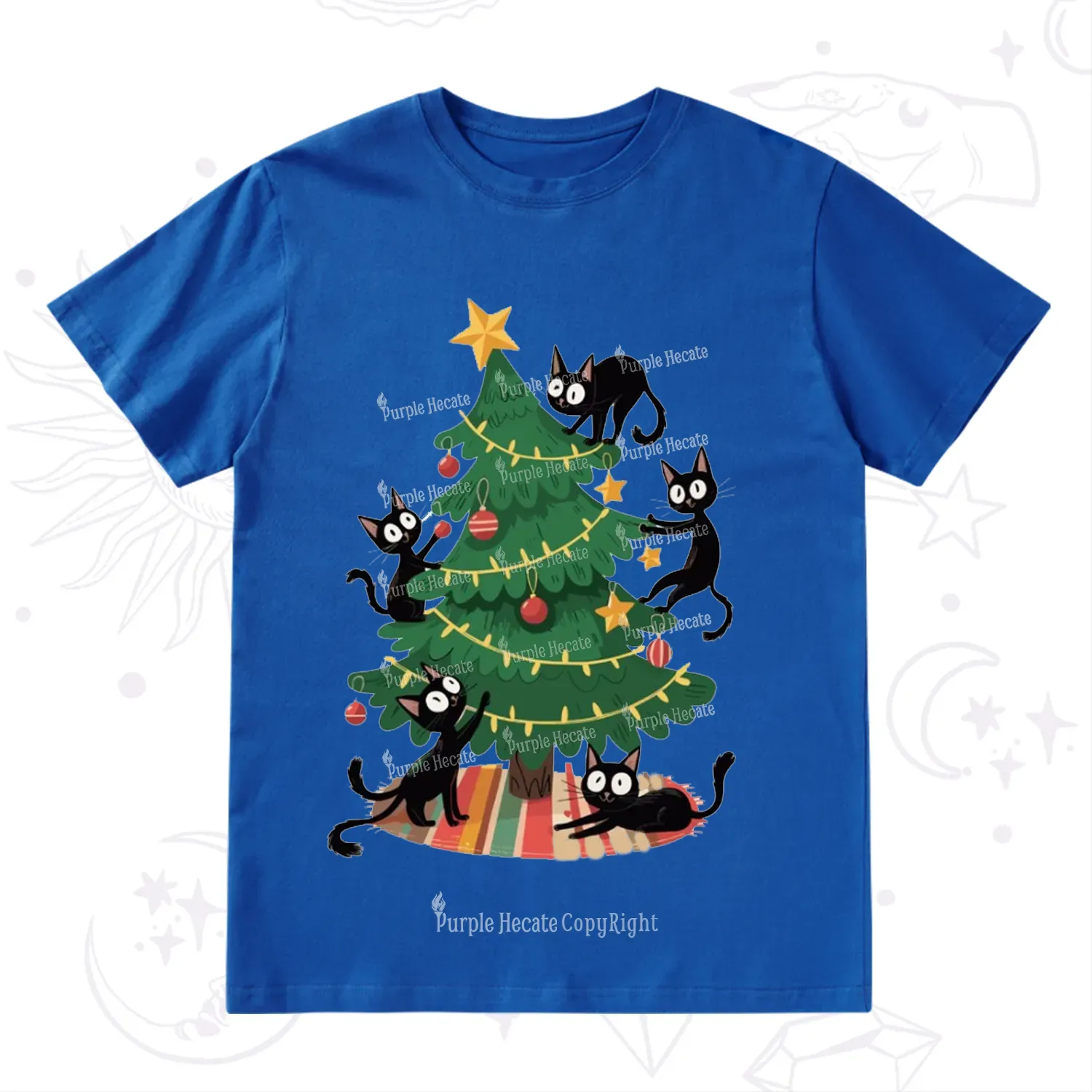 Purplehecate Black Cat in Tree Christmas T-Shirt