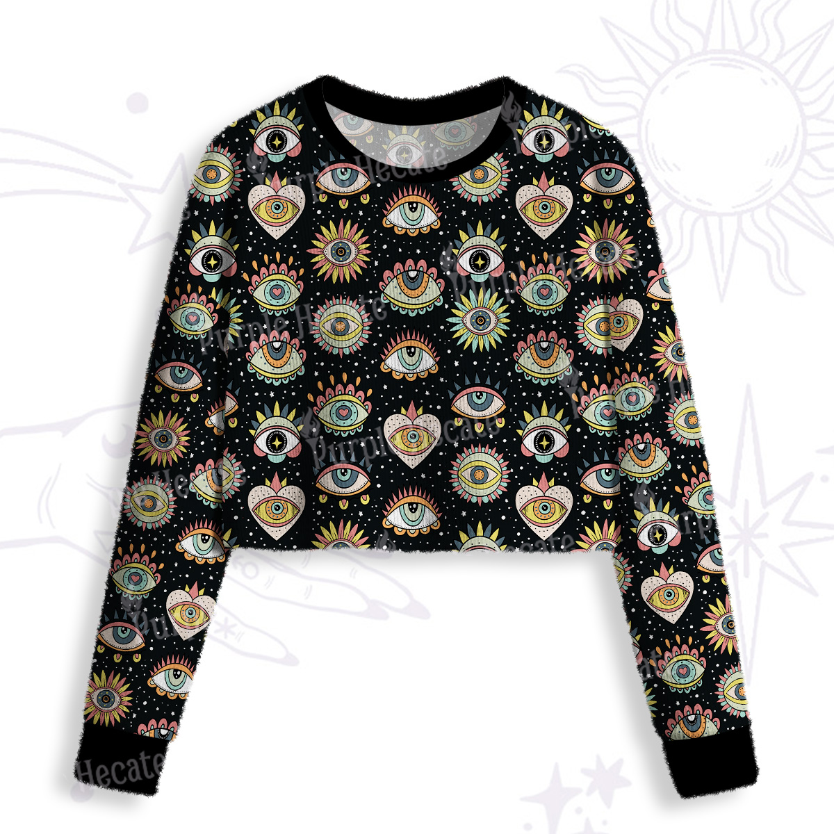 Purplehecate Mystical Evil Eye Pattern Crop Fuzzy Ugly Sweatshirt