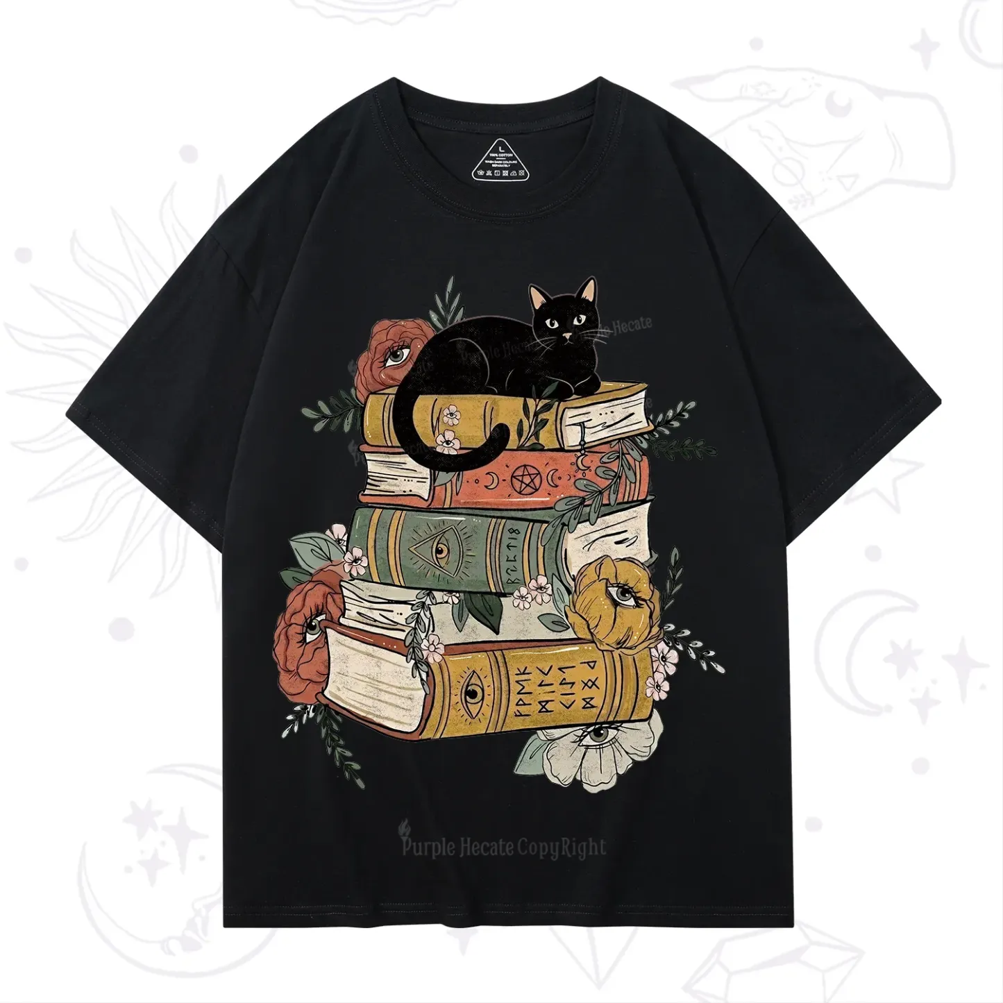 Purplehecate Black Cat on Books T-Shirt