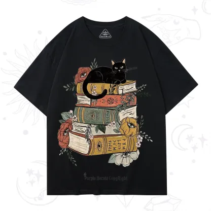 Purplehecate Black Cat on Books T-Shirt
