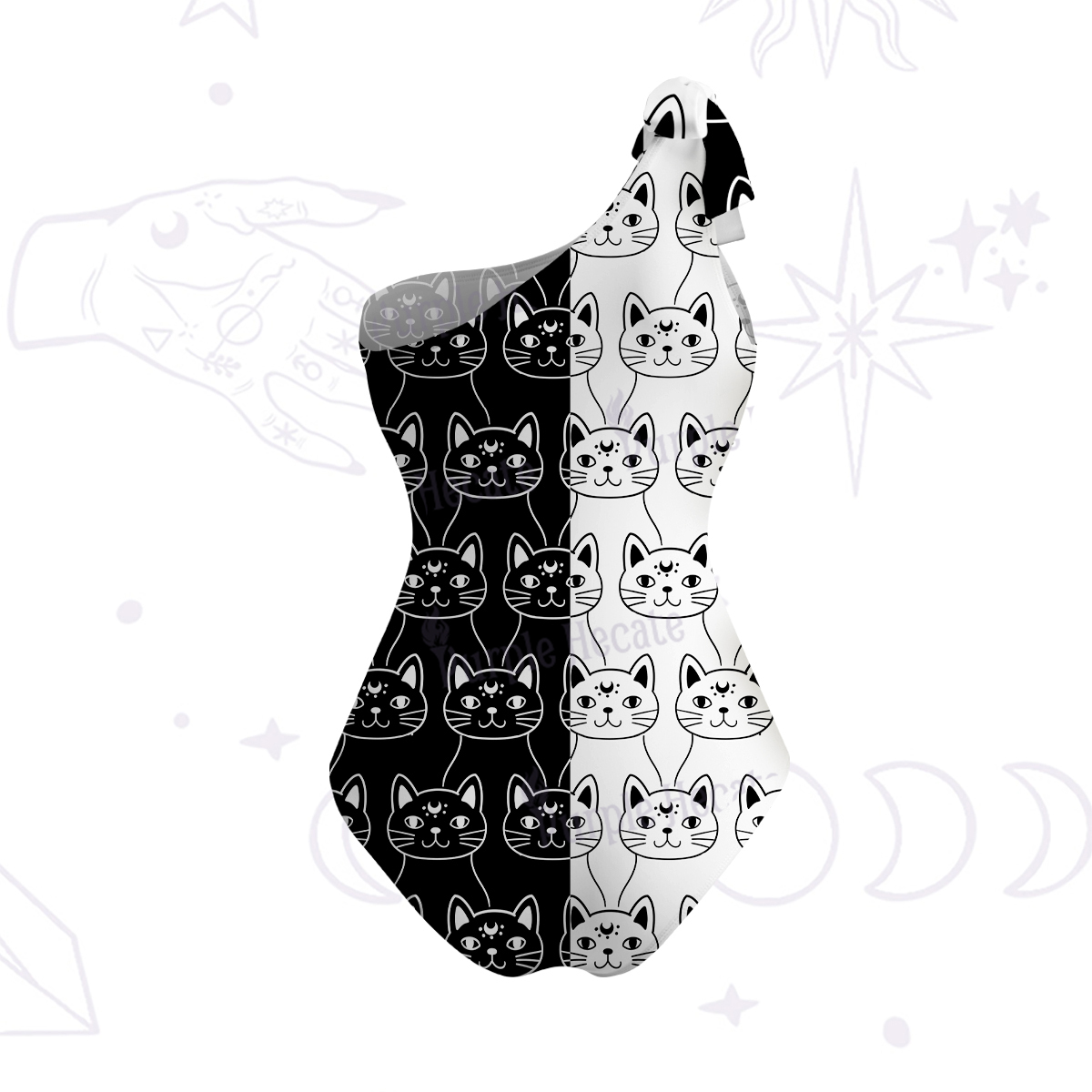 Purplehecate Sketchy Cat One-Shoulder One-Piece Swimsuit