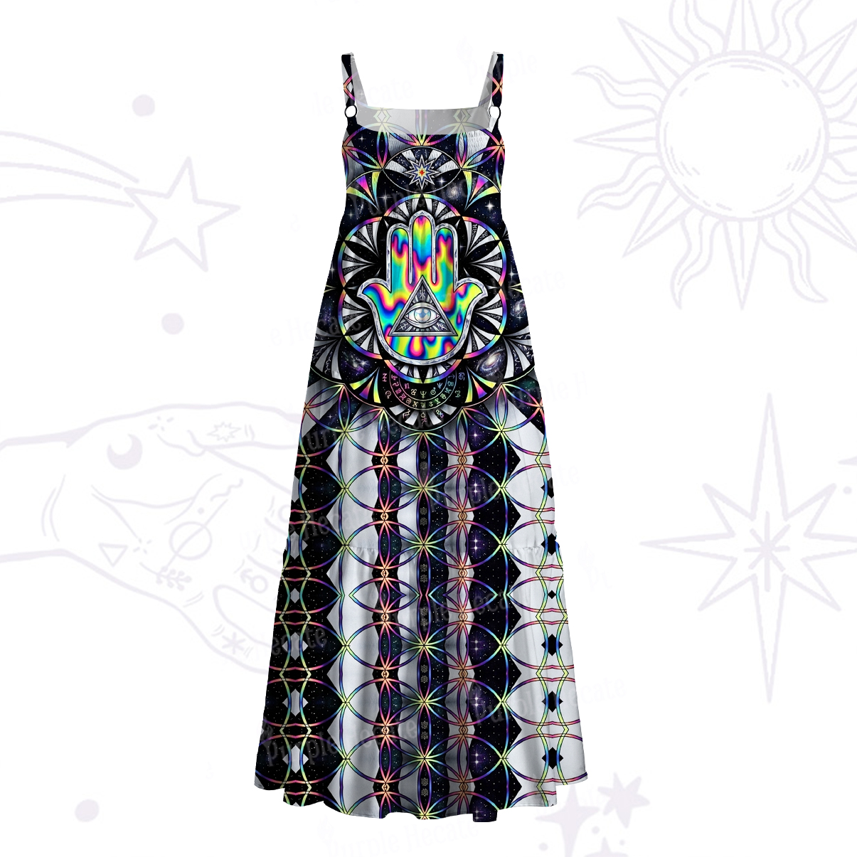 Purplehecate Psychedelic Hamsa Third Eye Wide Straps Maxi Dress
