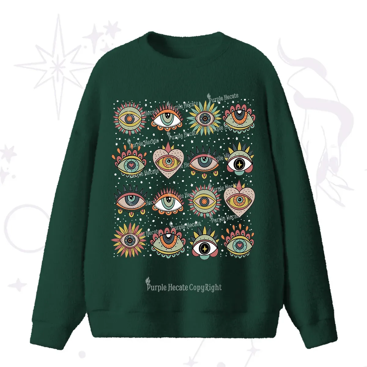 Purplehecate Mystical Evil Eye Pattern Fuzzy Ugly Sweater