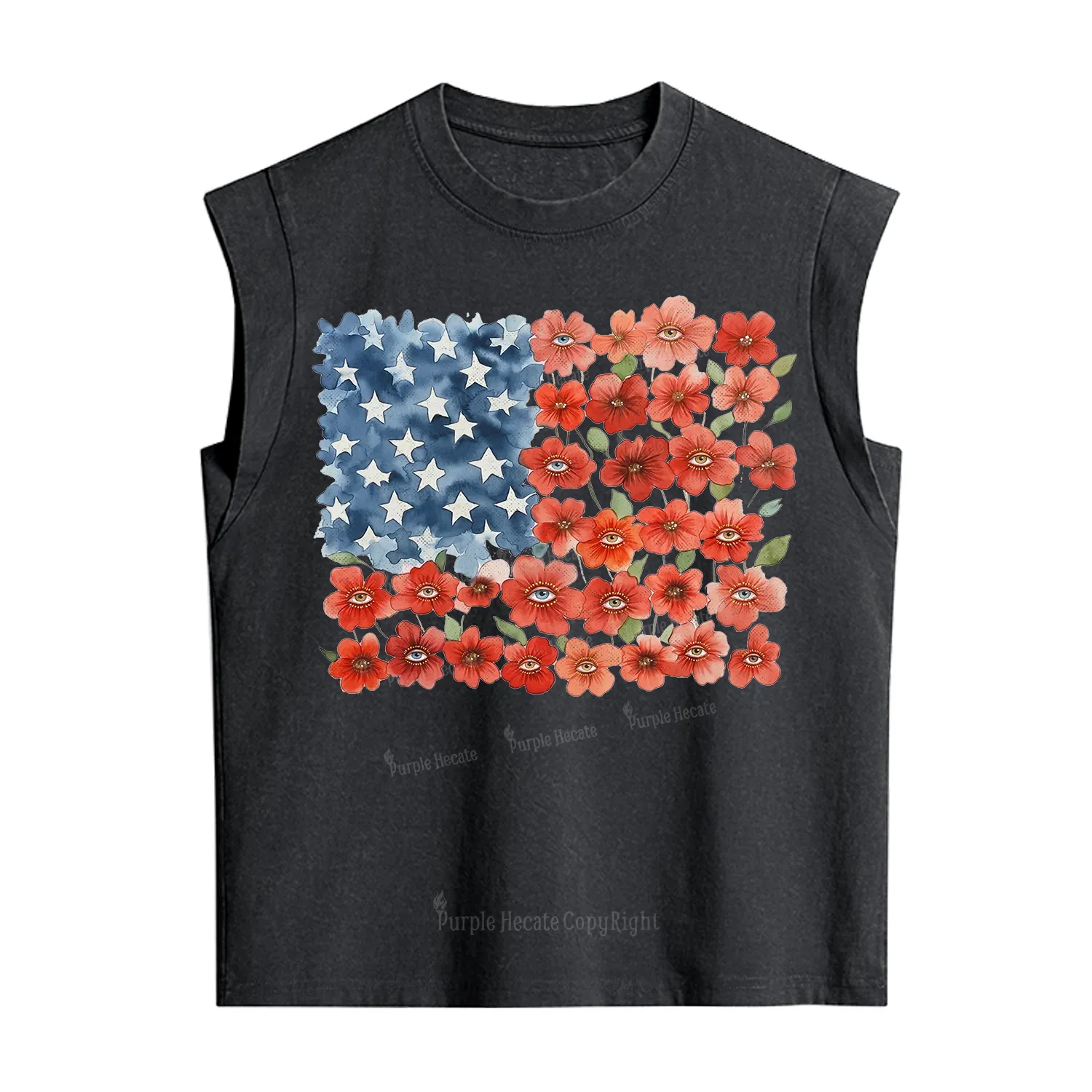 Purplehecate Floral Watercolor American Flag Vintage Washed Tank