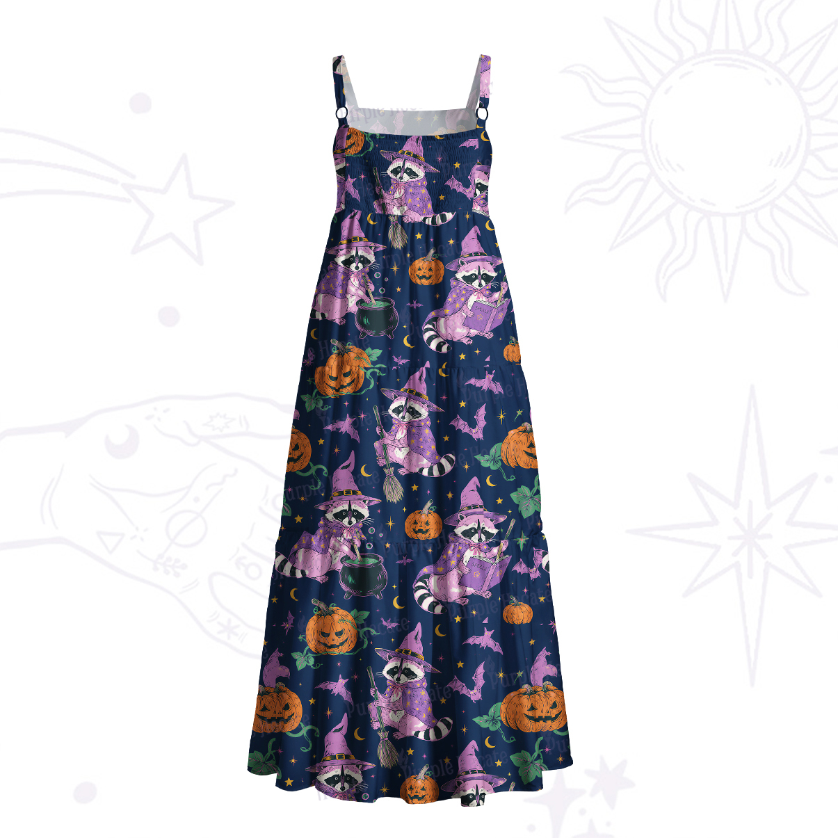 Purplehecate Halloween Raccoon Witch Moon Wide Straps Maxi Dress